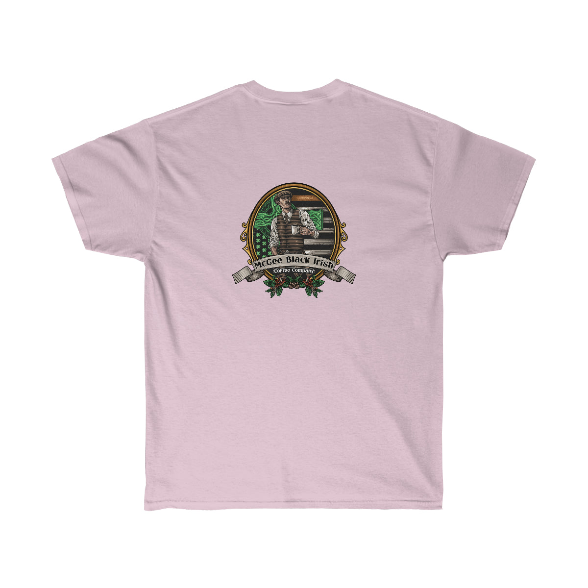 DON'T BOGART THAT WHISKEY double sided print shirt. McGee Black Irish Coffee Company name and slogan on front, the ORIGINAL McGee Black Irish Dude on the back. Unisex Ultra Cotton Tee
